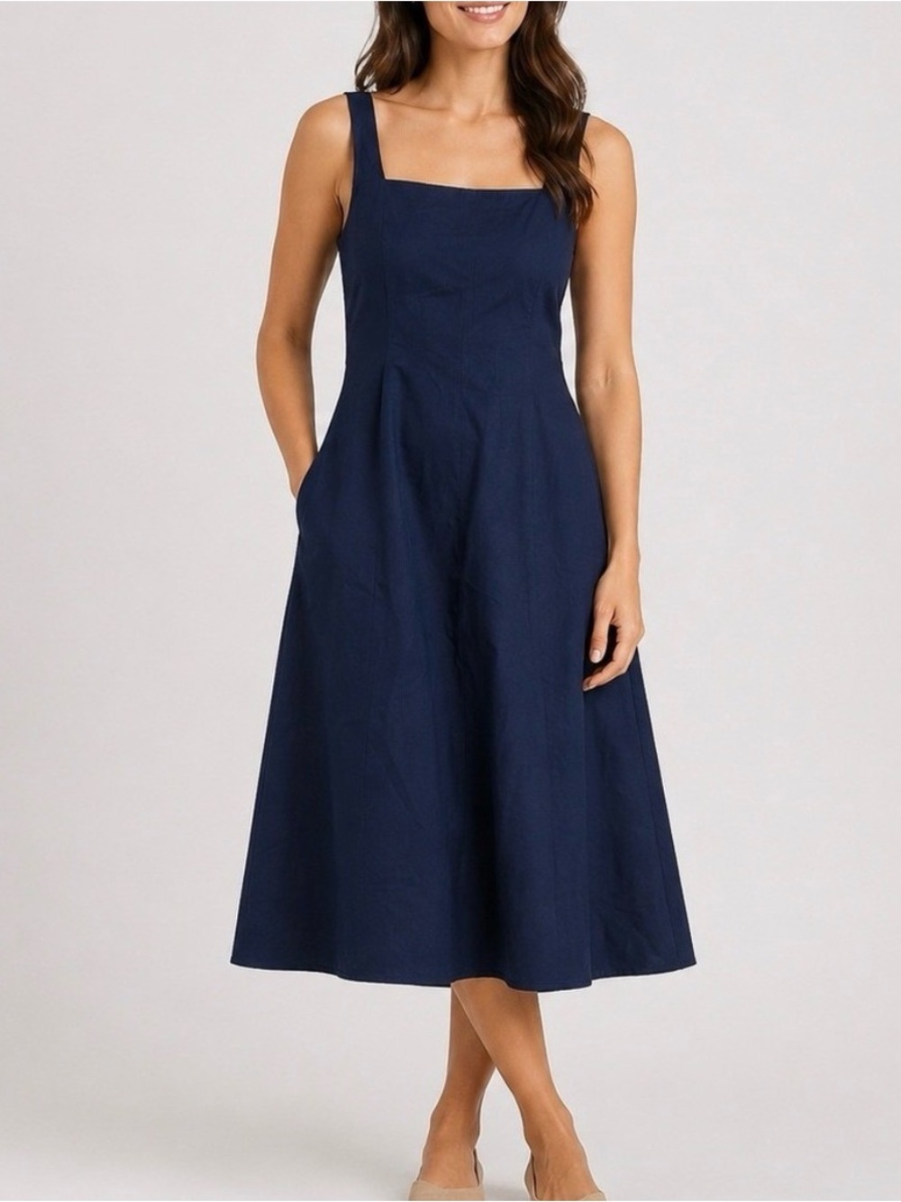 Quince Stretch Cotton Poplin Fit Flare Midi Dress Date Party Trip Navy NEW Small